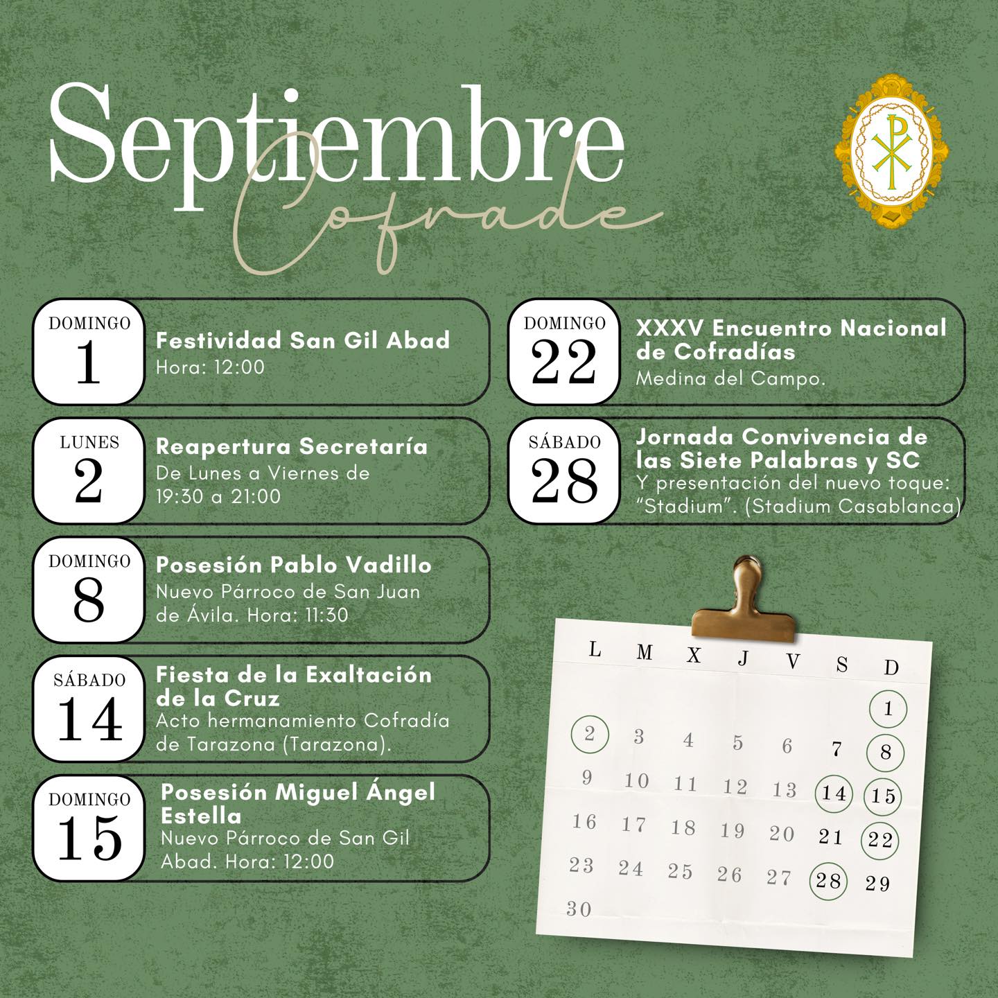 Calendario de actos previstos para septiembre