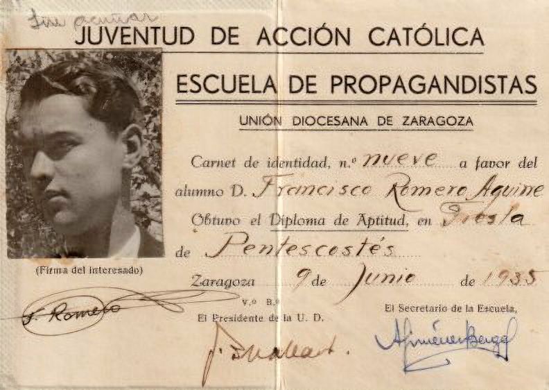 Carné de pertenencia de Francisco Romero Aguirre a la Escuela de Propagandistas surgida en el seno de la Juventud de Acción Católica.