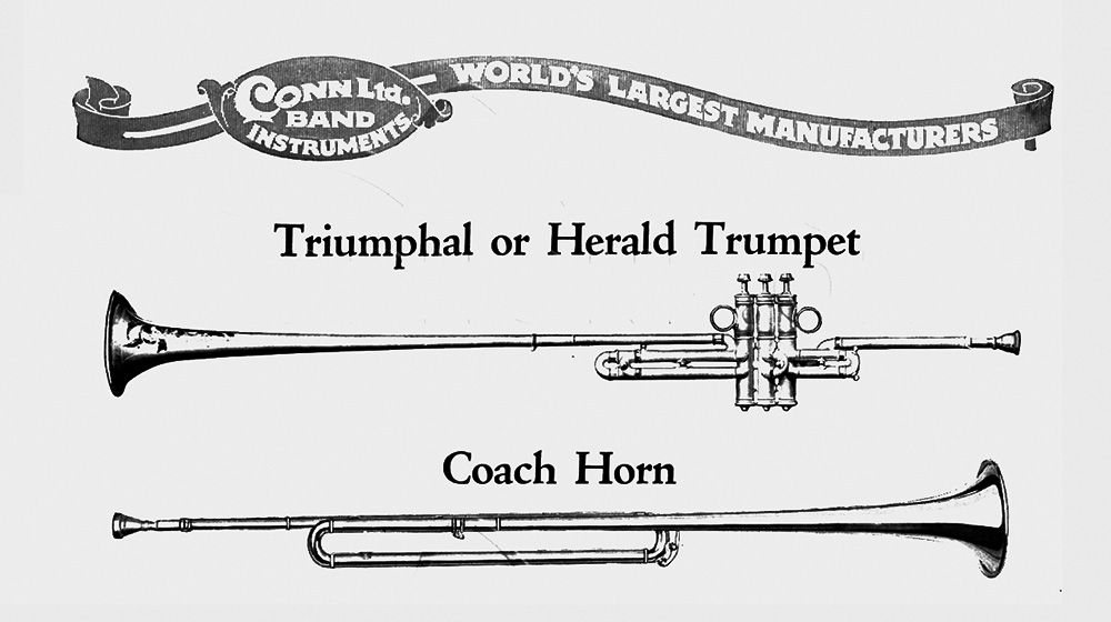 Página del catálogo ilustrado de C. G. Conn Ltd. editado en el
año 1924 en donde se puede observar la diferencia entre los modelos ‘Triumphal’ o ‘Herald Trumpet’ y la corneta ‘Coach Horn’.