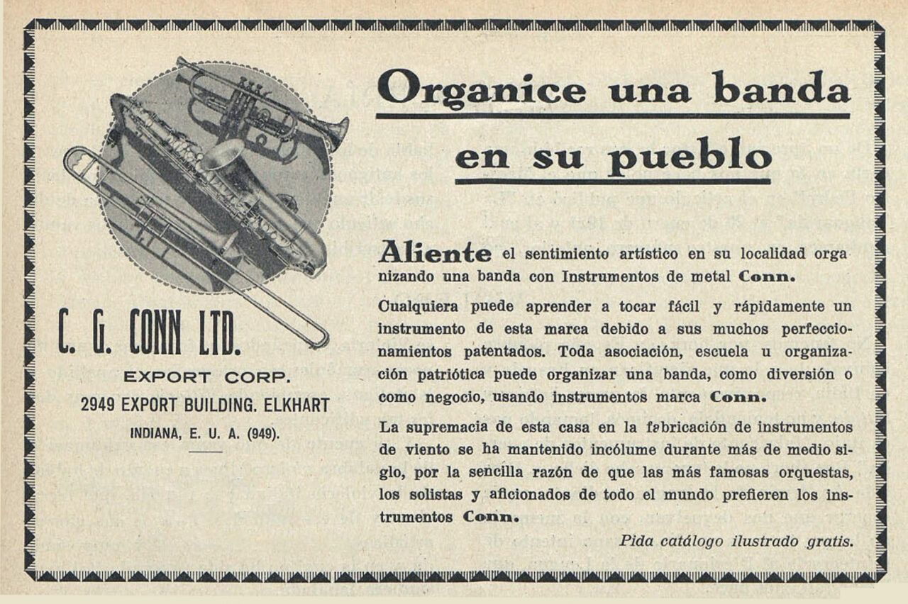 Campaña publicitaria “Organice una banda en su pueblo” lanzada por C. G. Conn Ltd. durante varias ocasiones a lo largo del año 1929 en varios periódicos españoles como “La Vanguardia” .