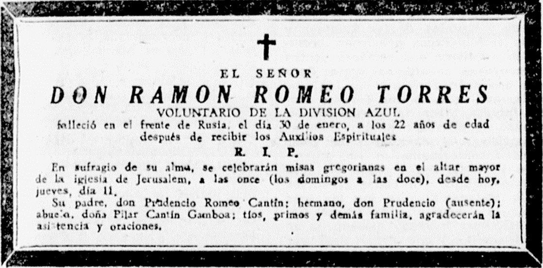 Esquela de Ramón Romeo Torres publicada en El Noticiero de 11 de marzo de 1943.