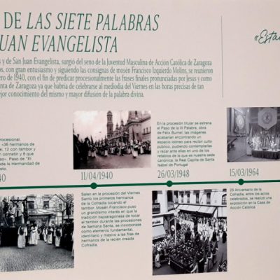 Exposición Mosén Francisco: Panel informativo con la cronología más destacada de la historia de la Cofradía hasta el fallecimiento de mosén Francisco