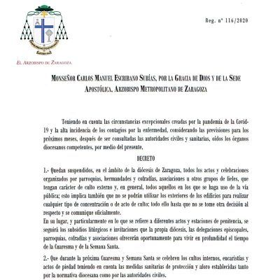 Decreto del Arzobispo de Zaragoza para la Cuaresma y la Semana Santa