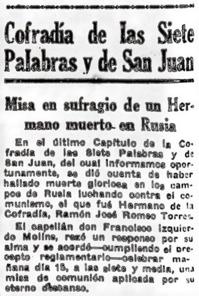 Recorte de prensa de "El Noticiero" en donde se comunica la misa en sufragio que la Cofradía celebrará por el alma del hermano Ramón Romeo Torres.